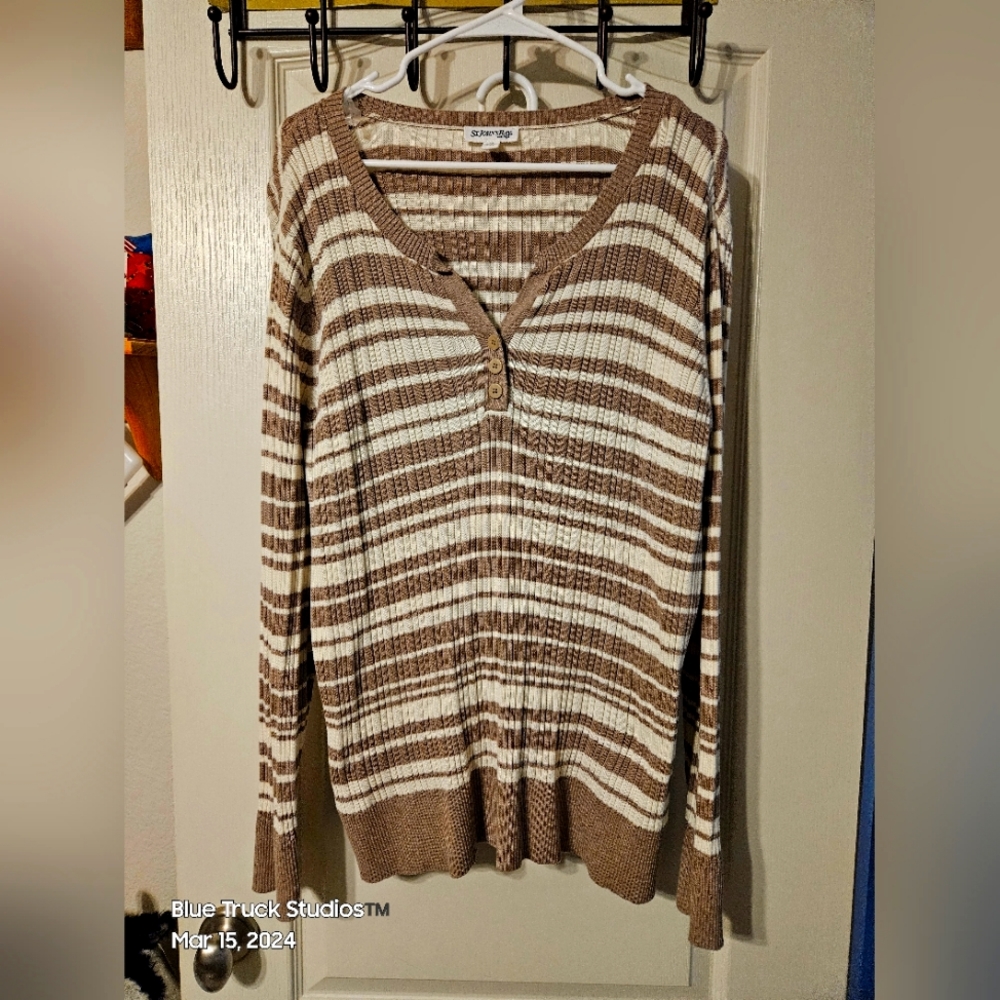St. John's Bay Henley Buttoned Striped Long Sleeve Plus Size Lightweight Sweater